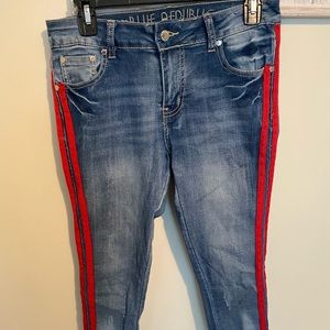 Blue jeans with red strips